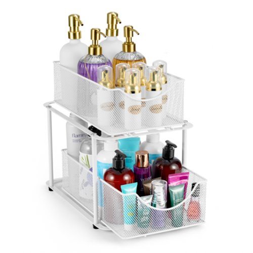 Sorbus - 2 Tier Metal Under Sink Organizer for Bathroom, Kitchen, Strong Steel Mesh Sliding Drawers for Under Sink - White-Front_Standard 