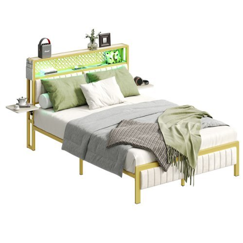 Bestier Full Size Bed Frame with Upholstered Headboard Built-in Storage LED Lighting and Charging Station - White