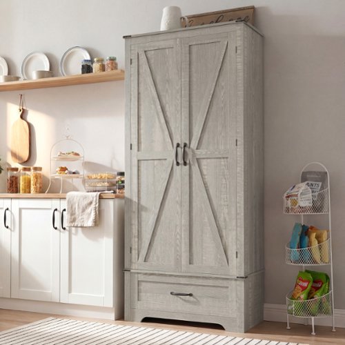 Homcom - 72" Farmhouse Pantry Cabinet with Adjustable Shelves, Kitchen Pantry Cabinet with 2 Doors - Light Gray-Front_Standard 
