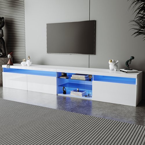Bestier - Modern TV Stand for TVs Up to 105" with 2 Glass Shelves, LED Lights, Storage Cabinet, Media Console for Living Room - White-Front_Standard 