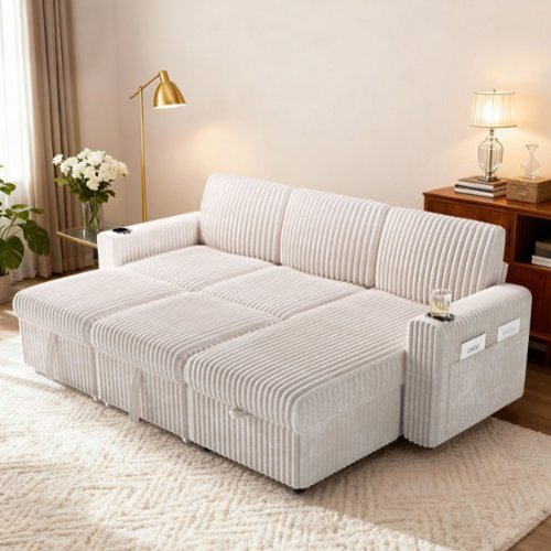 Dyonery - 101" Sectional Sleeper Sofa Bed with Pull Out Bed, L Shaped Couch Sleeper Sofa with Reclining Backrest - Beige-Front_Standard 