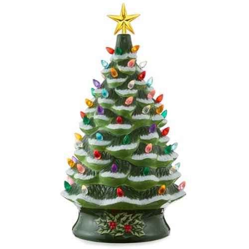 Casafield - 24-in Hand Painted Ceramic Christmas Tree - Pre-Lit Tree with Star - Green Snow Flocked-Front_Standard 
