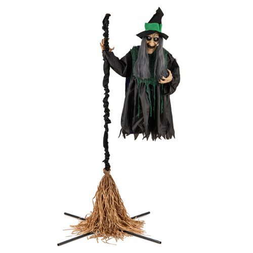 Costway Witch on Broom Halloween Animatronic Life Size Halloween Prop with LED Lights Laughing and Screaming - Multicolor
