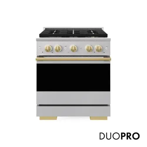 Front. ZLINE - Autograph 30 in. 4.2 cu. ft. Marino Freestanding Manual Clean DuoPro Gas Range with Convection Oven & Gold Accents - Stainless Steel.