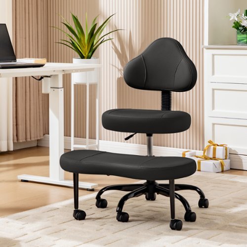 KERDOM - Ergonomic Cross-Legged Office Chair with Wheels, Meditation & Kneeling Chair for Adult, PU Leather Wide Seat 360° Swivel - Black-Front_Standard 