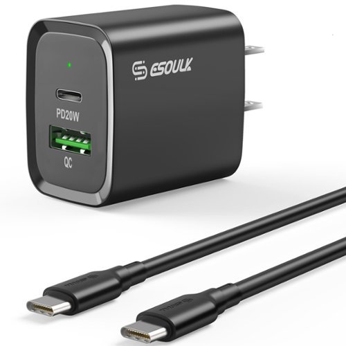 Esoulk - Dual Port 20W PD USB-C and QC Fast Wall Charger Adapter for Smartphone iPhone Samsung Tablet Tab iPad With USB-C Cable - Black-Front_Standard 