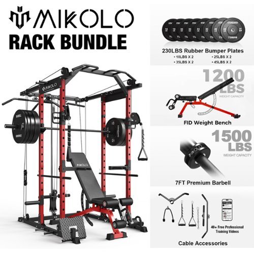 Mikolo - Power Rack Cage, 1500 lbs Weight Rack with Cable Crossover Machine, Multi-Function Squat Rack - Red-Front_Standard 