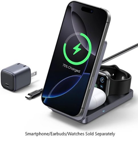 UGREEN - Qi2 15W Fast Wireless Charger, 3-in-1 Foldable Charging Station for iPhones, Apple Watch, AirPods(Adapter Included) - Black