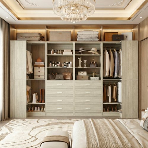 Aheaplus - U-Shaped Closet Organizer System, 104'' W Wardrobe System with 8 Drawers, 4 Hanging Rods & 13 Storage Shelves - Beige Oak-Front_Standard 
