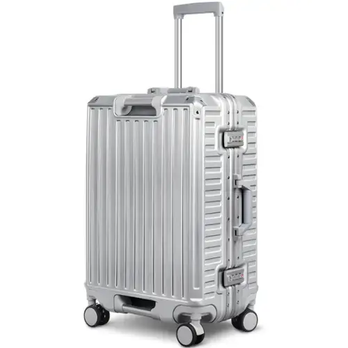 Front. Sugift - 24" Hardside Checked Luggage Aluminum Frame Lightweight Suitcase with Spinner Wheels, TSA Lock & Cup Holder - Silver.