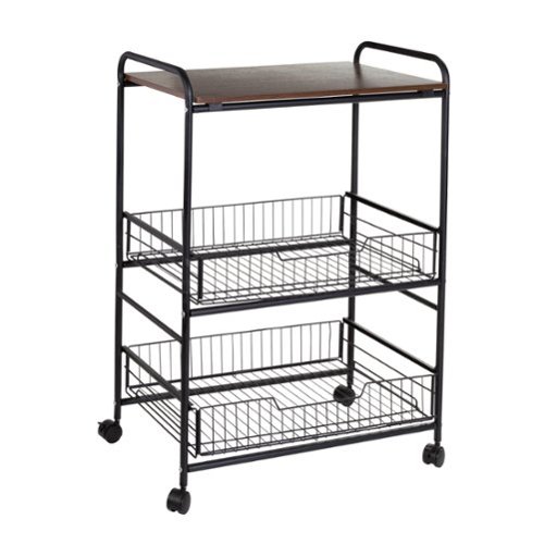 Honey-Can-Do - 3-Tier Rolling Cart with Wood Shelf and Pull-Out Baskets - Black/Brown-Angle_Standard 