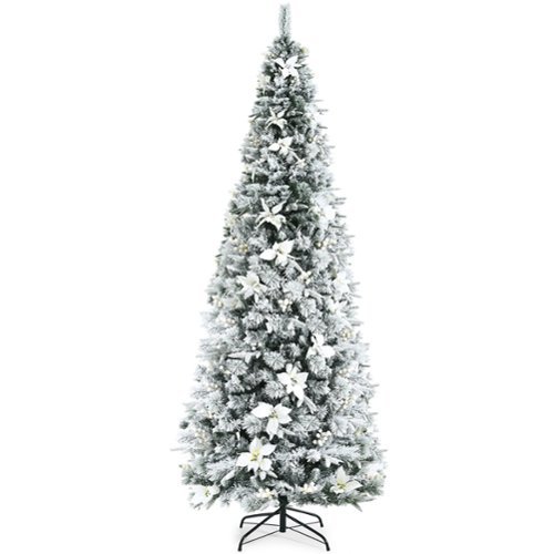 Costway - 8ft Snow Flocked Christmas Pencil Tree w/ Berries & Poinsettia Flowers - Green/White