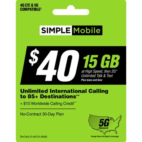Simple Mobile - $40 Unlimited Talk & Text 30-Day Plan (Email Delivery) - Green [Digital]