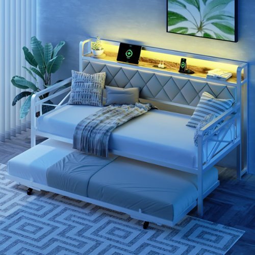 Winado - Twin Daybed with Trundle Bed Sofa DayBed with LED Light & Charing Station Upholstered Bed Frame with Storage Headboard - White-Front_Standard 
