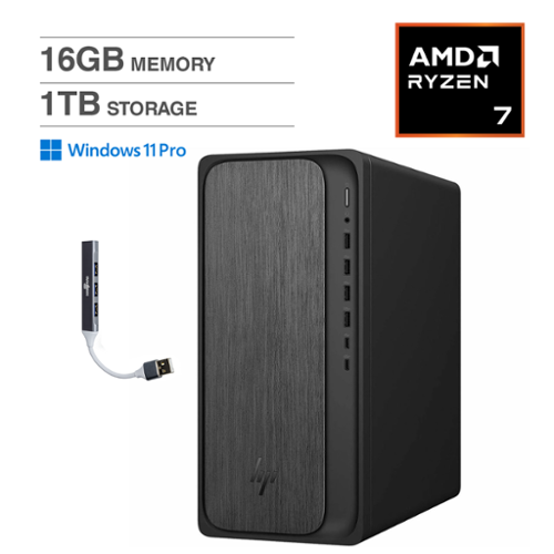 HP - OmniDesk Desktop (AMD Ryzen 7 8700G, 16GB DDR5, 1TB PCIe SSD, AMD Radeon 780M, Win 11 Pro) w/USB Hub - Gray Wood-Front_Standard 