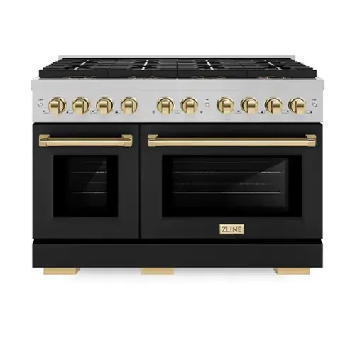 Front. ZLINE - ZLINE Autograph 48 in. 6.7 cu. ft. Freestanding Paramount Dual Fuel DuoPro Range in Satin Steel w/ Black & Gold Accents - Black Matte.