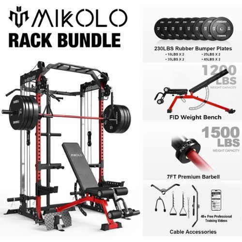 Mikolo - Power Rack Cage, Weight Rack,Multi-Function Squat Rack with J Hooks,Dip Bars and Landmine - Red-Front_Standard 