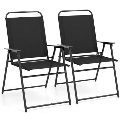 Costway - 2pcs Patio Folding Sling Chairs Dining Armrest Backrest Outdoor Portable - Black-Front_Standard 