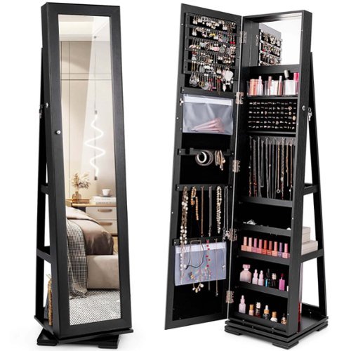 Costway 360° Rotatable Jewelry Cabinet Armoire 2-in-1 Lockable Mirrored - Black
