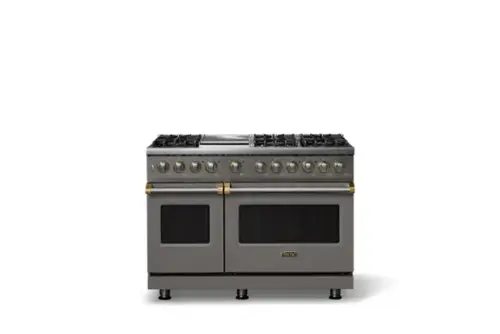 Front. Viking - Pro 5 Series 7.3 Cu. Ft. Freestanding Sealed 6B Dual Fuel Convection Range/Griddle - Damascus Gray w. Brushed Brass Trim - Damascus Gray.