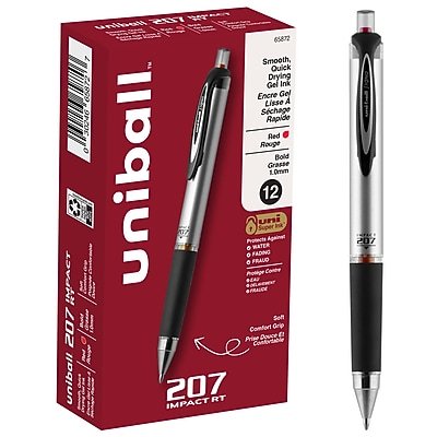 uni-ball - 207 Impact Retractable Gel Pens, Bold Point, 1.0mm, Red Ink - Gray/Silver-Front_Standard 