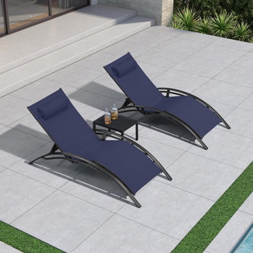 PURPLE LEAF - 3-Pieces Oversized Aluminum Outdoor Chaise Lounge Patio Lounge Chair with Side Table - Navy Blue-Front_Standard 