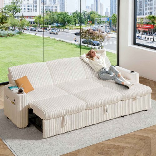Vipbear - 101" Sectional Sleeper Sofa Bed with Pull Out Bed, L Shaped Couch Sleeper Sofa,Plush Corduroy Beige - Beige-Front_Standard 