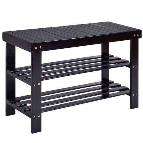 Costway - 3 Tier Bamboo Shoe Rack Bench Storage Shelf Organizer Entryway Home Furni - Black-Front_Standard 