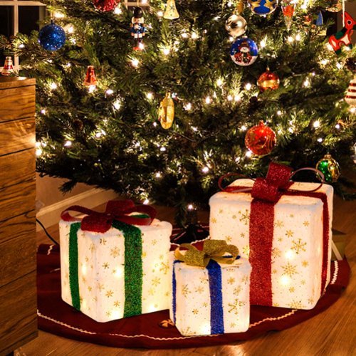 Costway Set of 3 Christmas Lighted Gift Boxes Pre-lit Present Decoration with 48 Lights - White/Red/Golden/Green/Blue