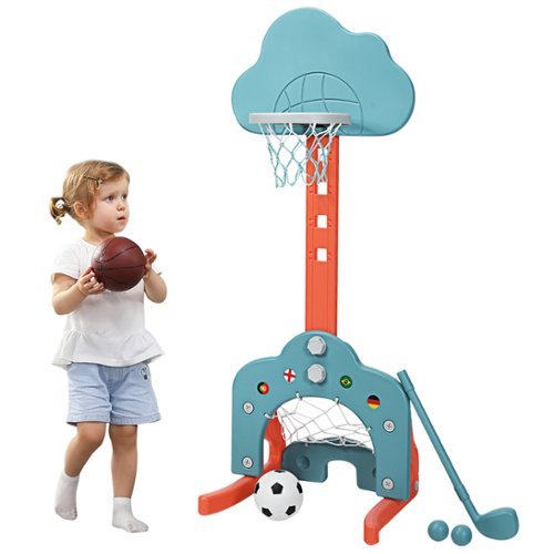 Costway - 3-in-1 Kids Basketball Hoop Set Adjustable Sports Activity Center w/ Balls - Green-Front_Standard 