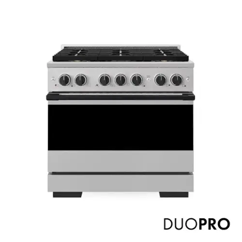 Front. ZLINE - Autograph 36 in. 5.2 cu. ft. Manual Clean Marino Freestanding DuoPro Gas Range with Convection Oven & Black Accents - Stainless Steel.
