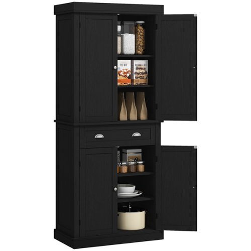 Homcom - Kitchen Cabinet, Pantry Storage Cabinet with Doors and Shelves, Freestanding Food Pantry Cabinet - Black Wood Grain-Front_Standard 