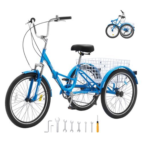 VEVOR - Folding Adult Tricycle, 24-Inch 7-Speed Adult Folding Trikes, Carbon Steel 3 Wheel Cruiser Bike with Basket - Blue-Front_Standard 