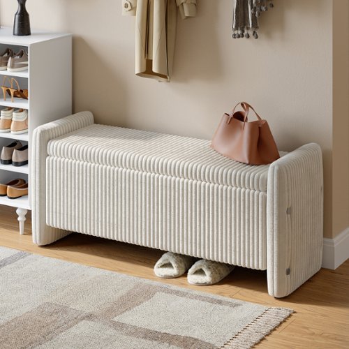 Pinmoco - Rectangular Corduroy Upholstered Ottoman Bench with Storage - Beige-Front_Standard 