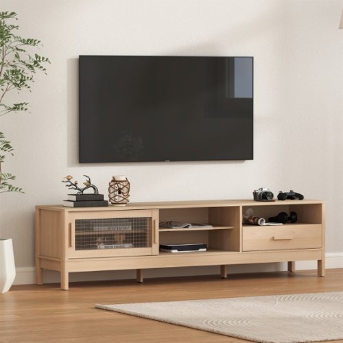 Bestier - Modern TV Stand with Sliding Acrylic Door, Large Storage Drawer & Adjustable Shelves for 75" TVs - wooden-Front_Standard 
