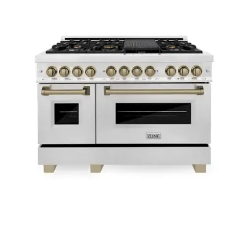 Front. ZLINE - Autograph 48 in. 6.0 cu. ft. Freestanding Legacy Dual Fuel Range with 7 Burners in Satin Steel and Bronze Accents - Satin Stainless Steel.