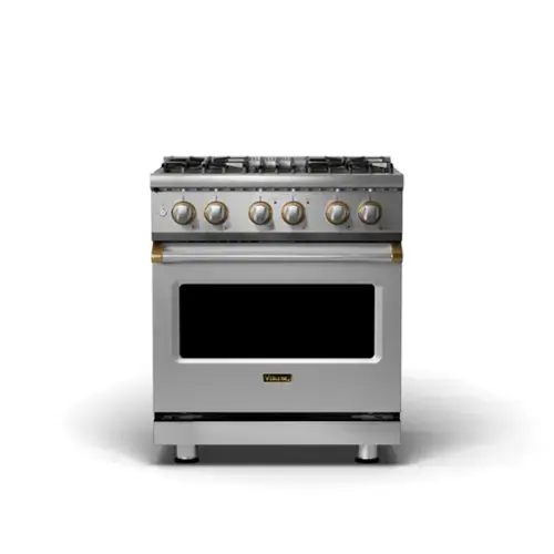 Front. Viking - 5-Series 4.7 Cu. Ft. Self-Cleaning Freestanding Dual Fuel Convection Range - Stainless with Brushed Brass Accents.