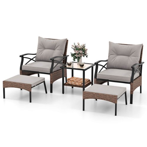 Costway - 5 PCS Patio Furniture Set with 2-Tier Coffee Table & 2 Ottomans Cushions Included - Mix Brown + Grey-Front_Standard 