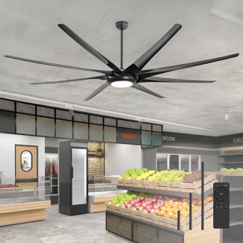 Breezary - 100 Inch Large HVLS Commercial Ceiling Fan, 8 ABS Blades, DC Motor, 6-Speed Remote, 12/24/36'' Downrods, LED/No Light - Black (With Light)-Front_Standard 