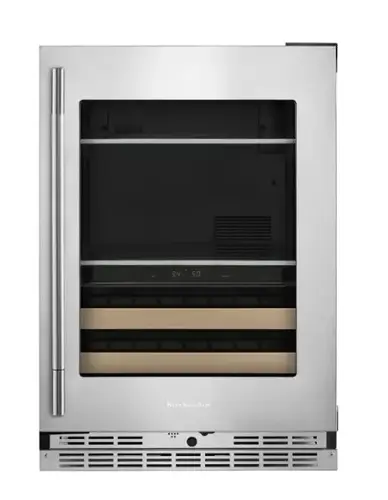 Front. KitchenAid - 24" Beverage Center with Glass Door and Wood-Front Racks - PrintShield Stainless Finish.