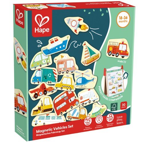 Hape - Hape: Magnetic Vehicles Set - 30pcs, Colorful Wooden Magnets, Age 18mo+