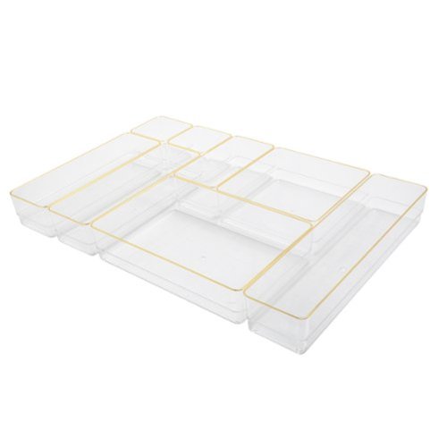 Martha Stewart - Kerry Set of 8 Plastic Stacking Office Desk Drawer Organizers with Gold Trim - Clear/Gold Trim