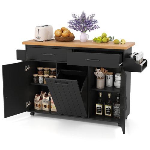 Costway - Rolling Kitchen Island Kitchen Cart with Tilt-out Trash Cabinet Island Table - Black-Front_Standard 