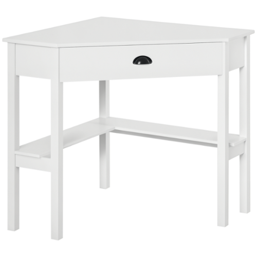 Homcom - Corner Desk, Triangle Computer Desk with Drawer and Storage Shelves for Small Spaces, Home Office Workstation - White-Front_Standard 