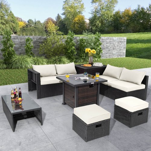 Costway 9 PCS Patio Furniture Set with 32" Fire Pit Table 50,000 BTU Square Propane Fire Pit - White