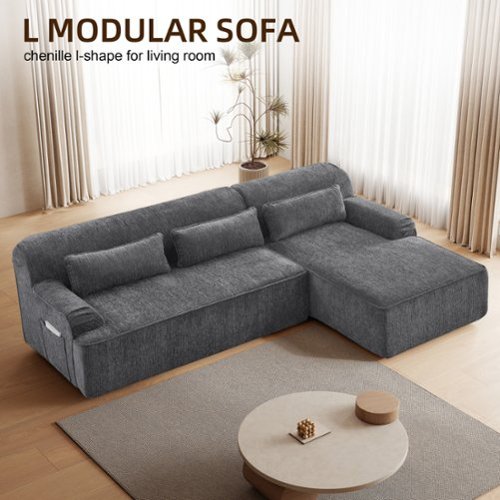 Aukfa - Chenille L-Shape Sectional Sofa-Minimalist, Sleeper Couch for Living Room, Apartment, Reception-No Assembly - Gray-Front_Standard 