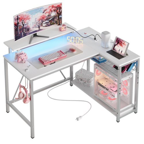 Bestier - L-Shaped Gaming Desk with Power Outlets LED Lights and Reversible Storage Shelves & Hooks - 42" Wide - White