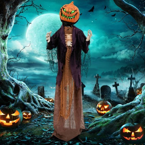 Costway - 5.6 FT Halloween Animated Standing Pumpkin Scarecrow with Weird Phrases & LED Eyes - Brown/Purple/Orange
