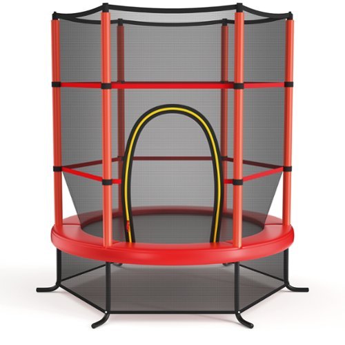 Gymax - 55'' Recreational Trampoline for Kids Trampoline w/ Enclosure Net - Red-Front_Standard 