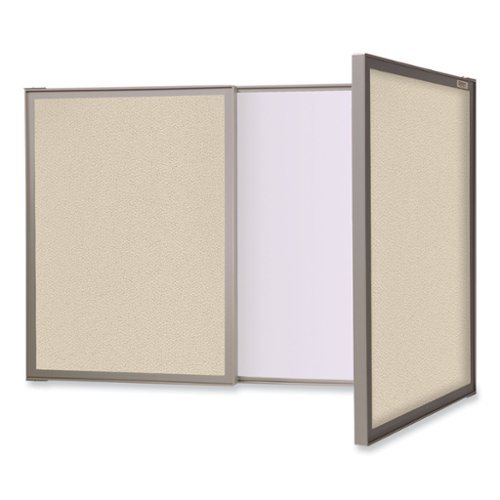 Ghent - VisuALL PC Whiteboard Cabinet with Fabric Bulletin Board Exterior Doors, 36" x 24", Satin Aluminum Frame-Front_Standard 
